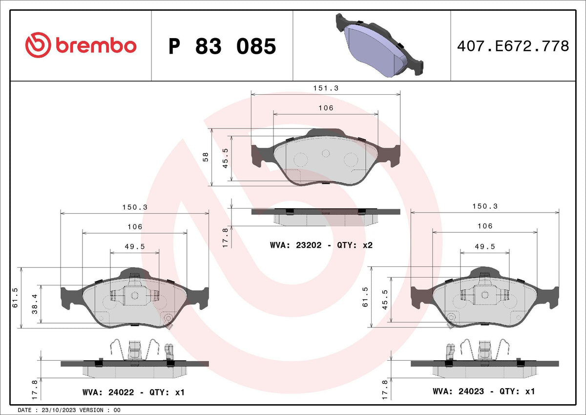 Brembo P83085 Brake Pad Front-(Toyota Yaris 06 / 11) — Brake Pads