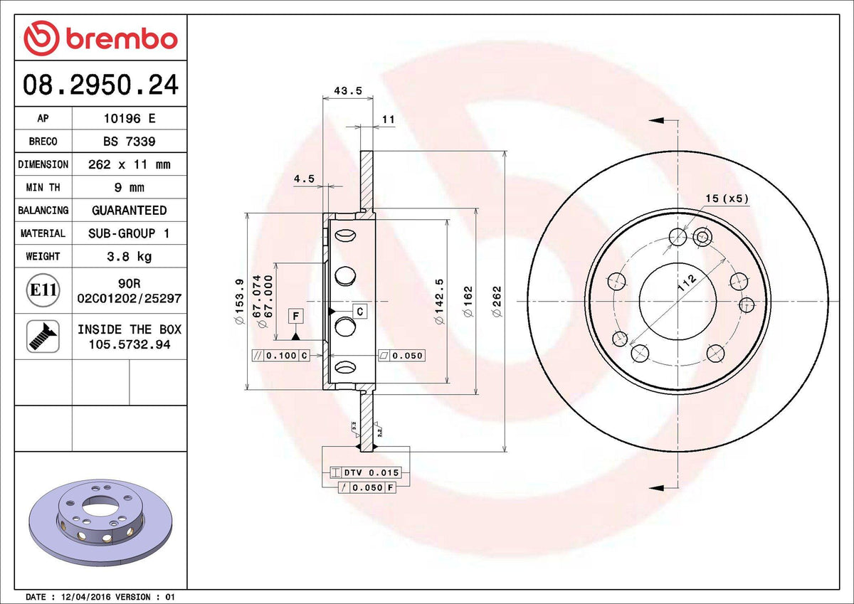 Brembo 08.2950.24 Brake Disc Front Mercedes W201 190 82-94 — Brake Rotors & Drums
