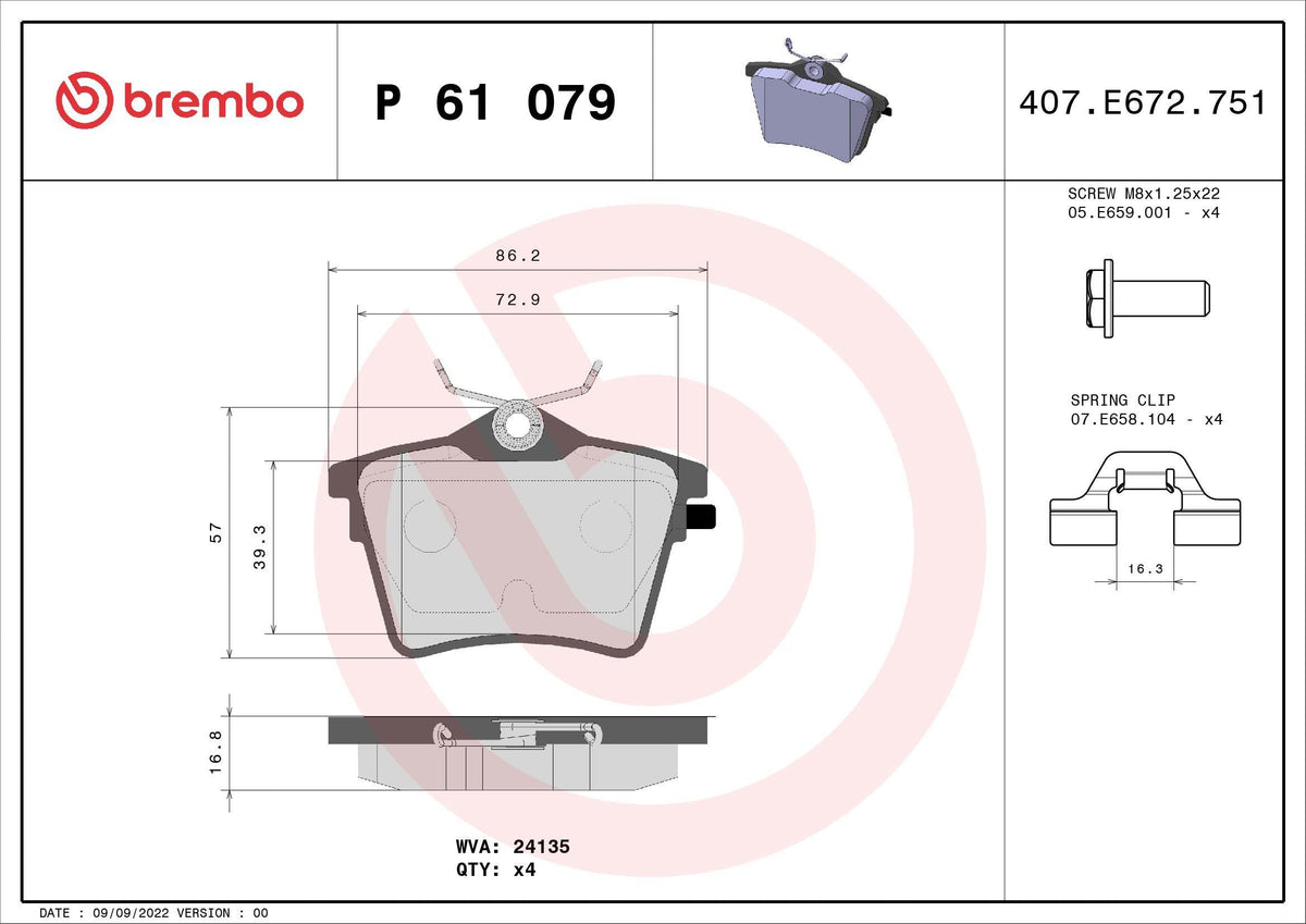 Brembo P61079 Brake Pad Rear (Peugeot 407 2004 / / 607 2000 / / Citroen C5 2001 -) — Brake Pads
