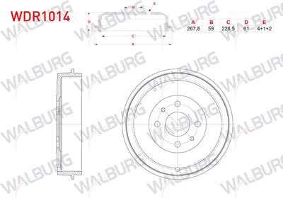 WALBURG WDR1014 Brake Drum Rear 4 Hole 267,8X59x228,5X61 Fiat Doblo 1.3 JTD-1.9 JTD 2001-2010 / Fiorin — Brake Rotors & Drums