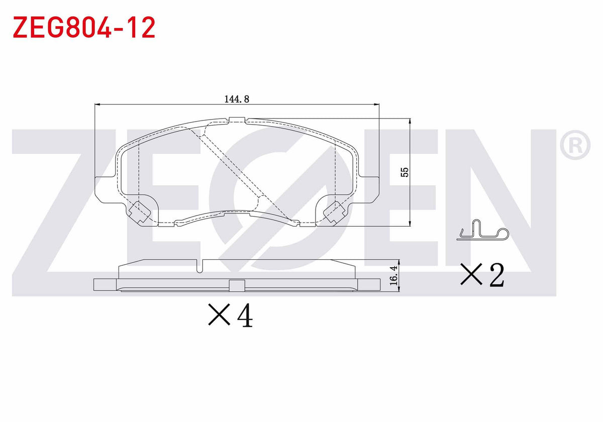 Zegen ZEG804-12 Brake Pad Front with Wear Indicator Mitsubishi Lancer VII 1.6 2003-2007 / Lancer 2.0 2007-/ Lancer 1.8 2007-/ Asx 1.6 16 Rim 2010-/ Asx 1.8 4X4 16 Rim 2010-/ Jeep Compass 2.0 Crd 2006-/