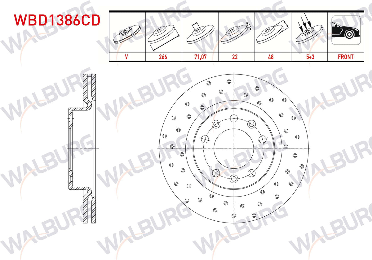 WALBURG WBD1386CD Brake Disc Front Air Coated Performance Drilled 5 Bjn 266X22x71 — Brake Rotors & Drums