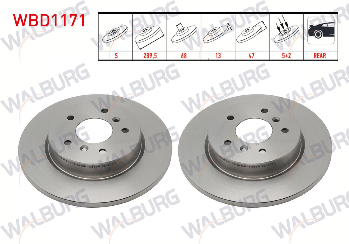 WALBURG WBD1171 Brake Disc Rear Straight 5 Bjn 289,5X13x68x47 Nissan Qashqai 1.6 dCi-1.5 dCi-1.2 DiG-T — Brake Rotors & Drums