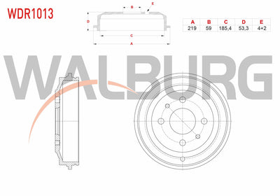 WALBURG WDR1013 Brake Drum Rear 4 Hole 219X59x185,4X53,3 Fiat Palio 1.2i 16V 1996-2005 — Brake Rotors & Drums