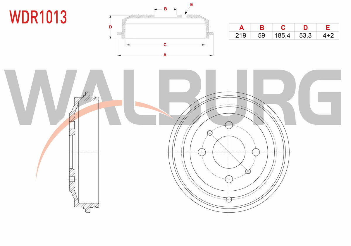 WALBURG WDR1013 Brake Drum Rear 4 Hole 219X59x185,4X53,3 Fiat Palio 1.2i 16V 1996-2005 — Brake Rotors & Drums