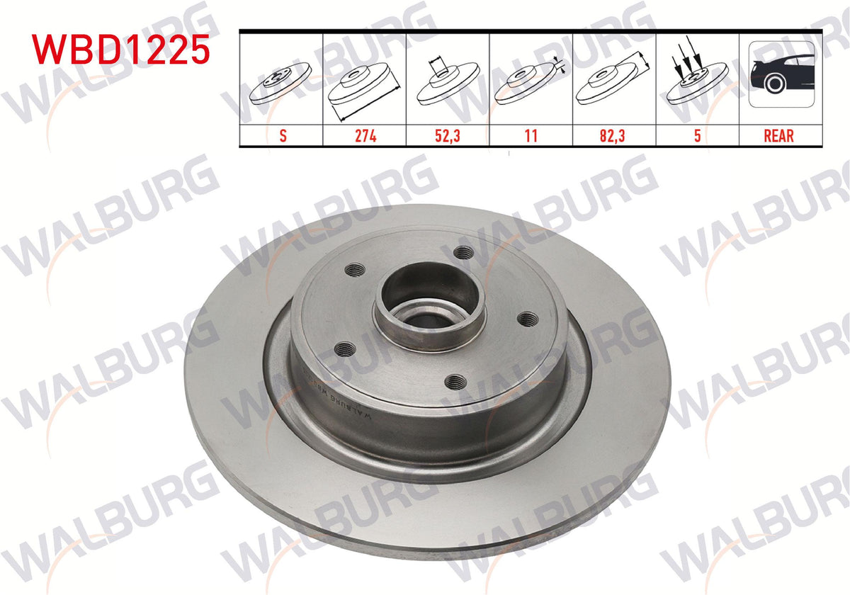 WALBURG WBD1225 Brake Disc Rear Straight 5 Bjn 274X11x61,92X82 Renault Laguna II 1.6i 16V-1.9 dCi-2.0i 16V Wheel Hub with Bearing Magnetic ABS Okuyuculu 2001-2007 | Set of 2