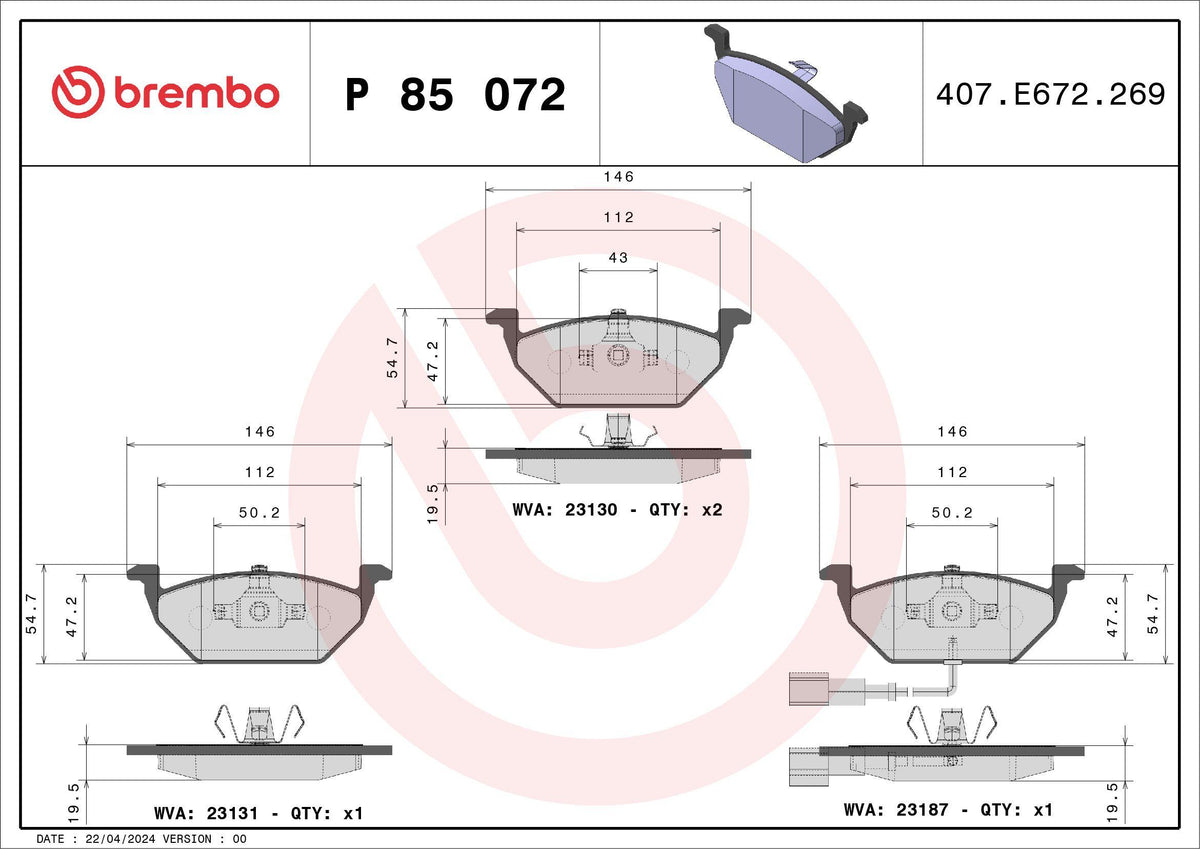 Brembo P85072X Brake Pad-Kablolu (VW Golf 98-06 Polo 02-05 Audi A3 97-03 Seat Leon 00-06 Skoda Octavia 97-11) — Brake Pads