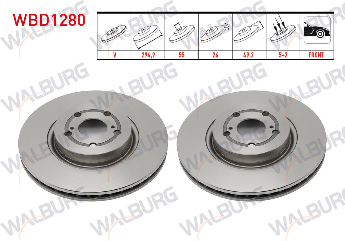 WALBURG WBD1280 Brake Disc Front Air 5 Bjn 294,9X26x55x49,2 Toyota Avensis (T25) 2.0 D-4D 2003-2008 — Brake Rotors & Drums