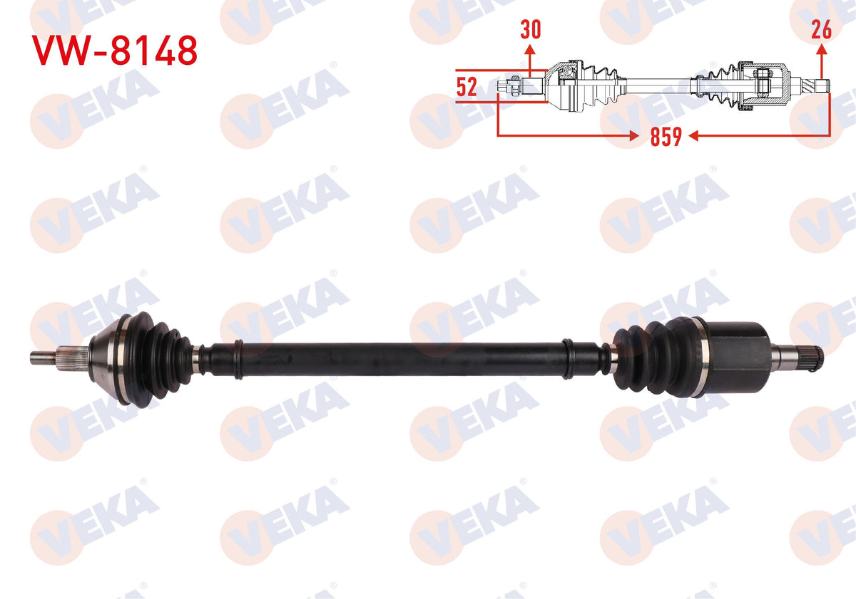 Veka VW-8148 Complete Axle Right Front Length 859mm Volkswagen Polo 1.4-1.6 A-T 2006-2009 / Skoda — Axles, CV Joints & Boots