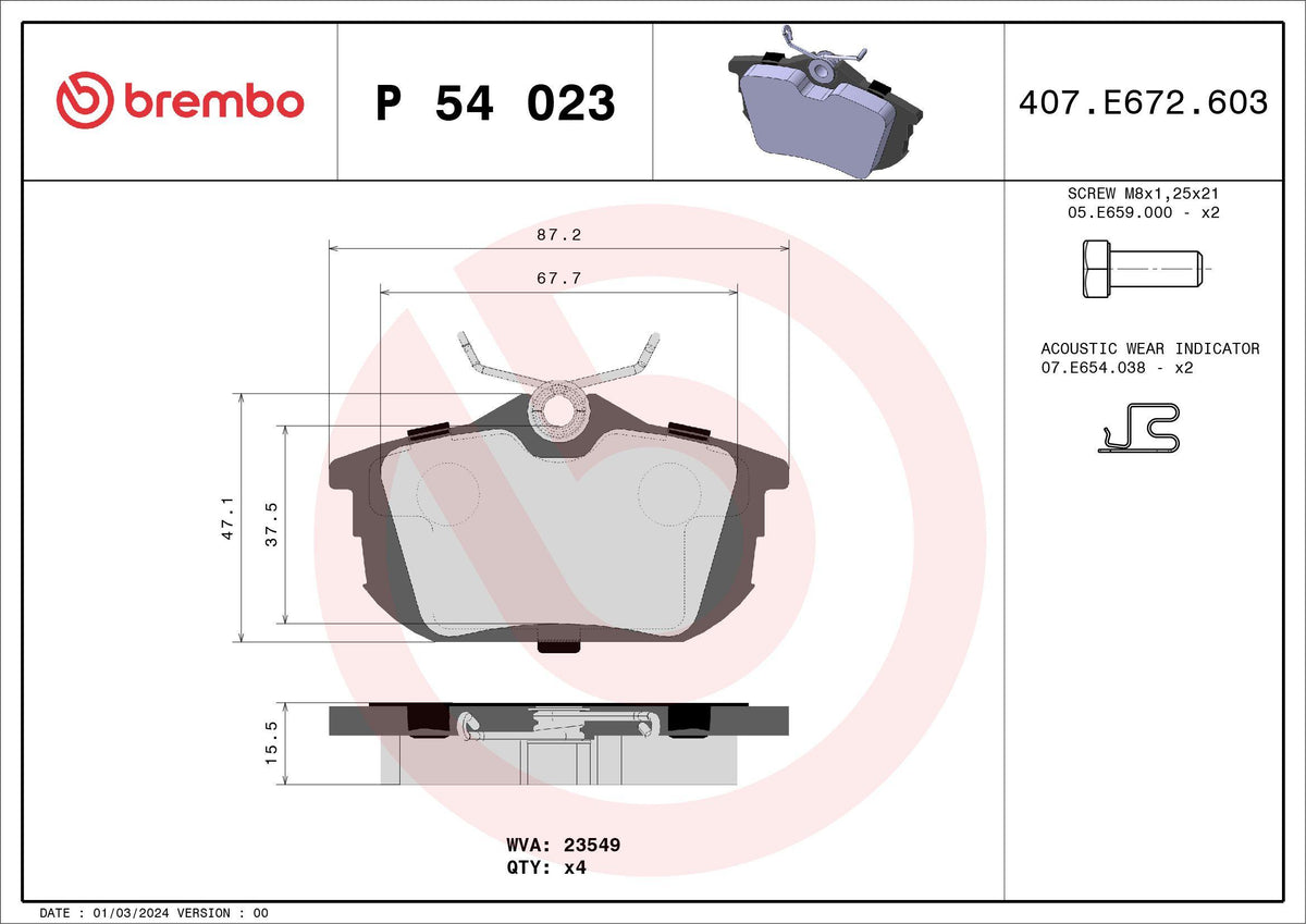 Brembo P54023 Rear Brake Pad ((Mitsubishi Carisma 96 / 06 / Colt 04 / 10 / Volvo (S40-V40) (96-04)