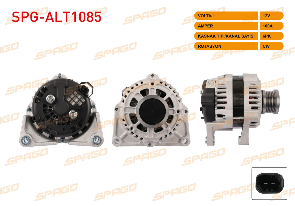 SPAGO SPG-ALT1085 Alternator 12V 100A 6Pk (Alt123) Astra J 09-15-Insignia 08-17 / Cruze 09-13 (1.6 Gaso — Starting & Charging