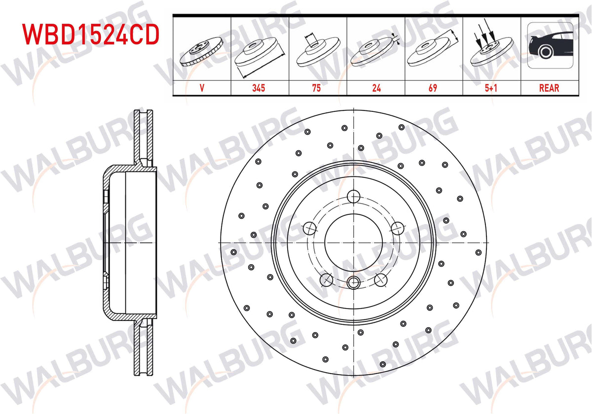 WALBURG WBD1524CD Brake Disc Rear Air Coated Performance Drilled BMW 5 Series (F10) 535 D 5 Bjn 345X24 — Brake Rotors & Drums