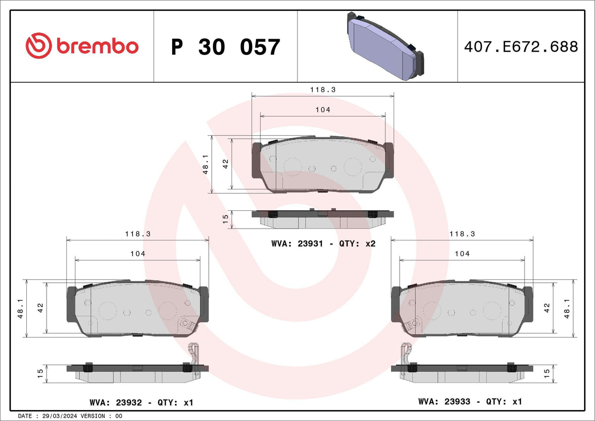 Brembo P30057 Brake Pad Rear Low-Met Kia