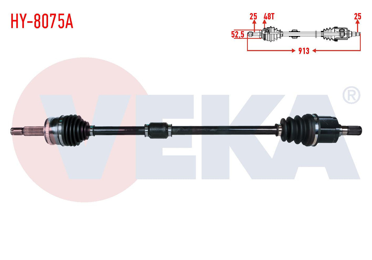 Veka HY-8075A Complete Axle Right Front ABS li 48 Outer Length 913mm Hyundai Getz (Tb) 1.3i-1.4i-1 — Axles, CV Joints & Boots