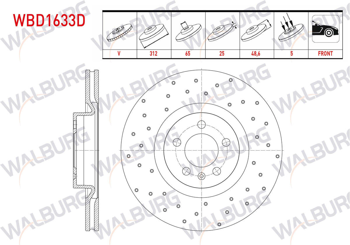 WALBURG WBD1633D Brake Disc Front Air Performance Drilled 5 Bjn 312X25x65x48 — Brake Rotors & Drums