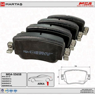 MGA 55658 Rear Brake Pad-(VW Caddy 16-Golf 16 Passat 15-Polo 18-Seat Leon 13-16 Skoda Octavia 13-17) — Brake Pads