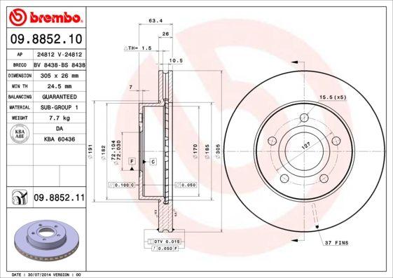 Brembo 09.8852.10 Brake Disc Front Air Grooved 305-5 (Jeep Cherokee 98-04) — Brake Rotors & Drums