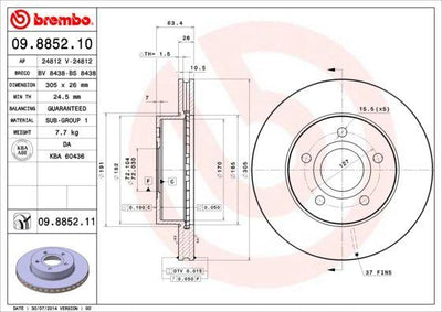 Brembo 09.8852.10 Brake Disc Front Air Grooved 305-5 (Jeep Cherokee 98-04) — Brake Rotors & Drums
