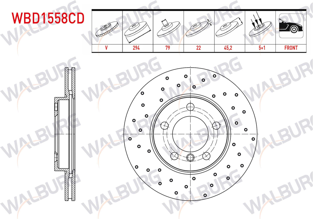 WALBURG WBD1558CD Brake Disc Front Air Coated Performance Drilled 5 Bjn 294X22x79x45 — Brake Rotors & Drums