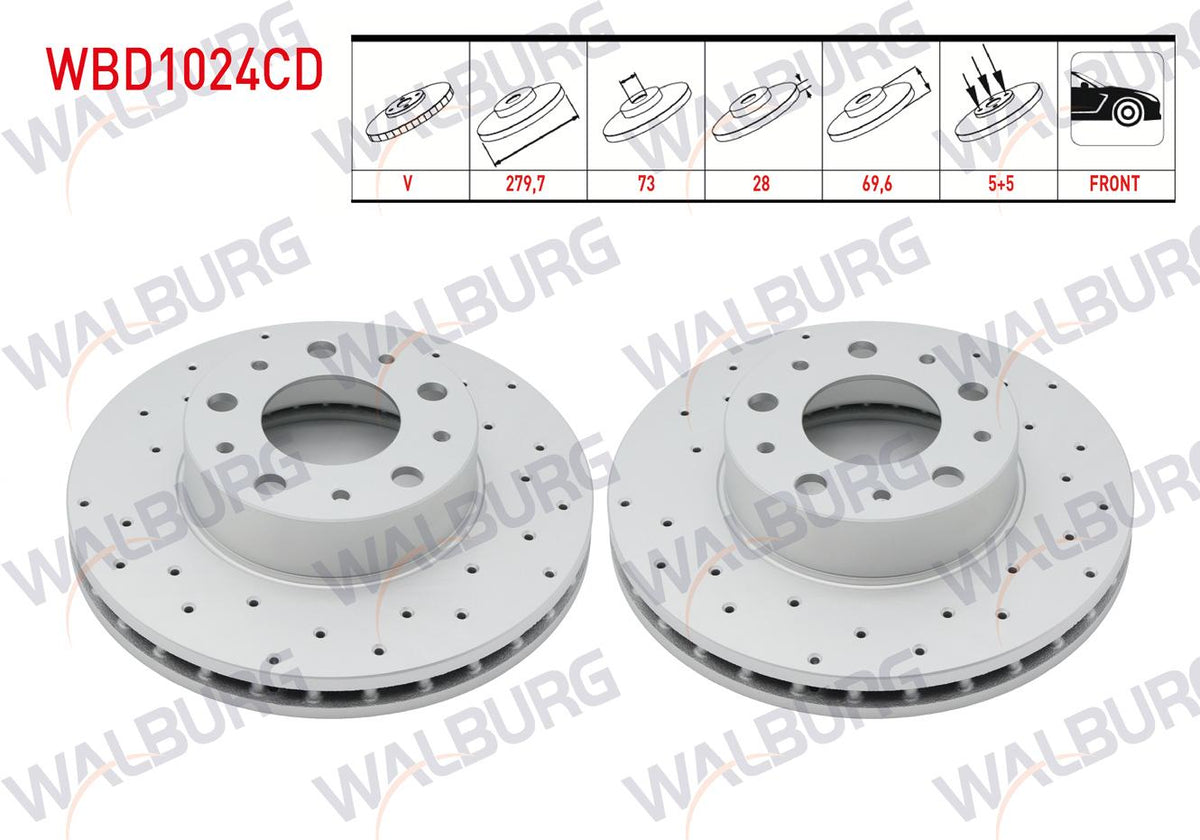 WALBURG WBD1024CD Brake Disc Front Air Coated Performance Drilled 5 Bjn 16 Rim 279,7X28x73x69,6 Fiat Ducato 2.3 Mjt 2006-2014 / Ducato 3.0 Mjt 2006-2014 / Peugeot Boxer III 2.2 HDi 2006-