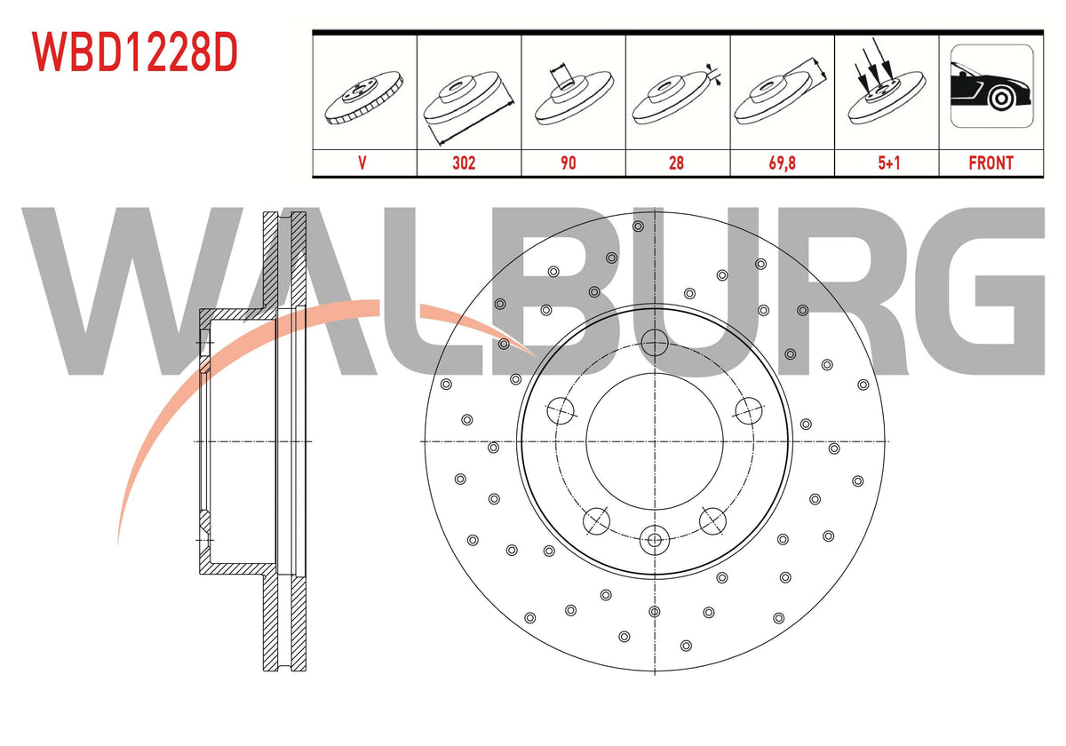 WALBURG WBD1228D Brake Disc Front Air Performance Drilled 5 Bjn 302X28x90x69 — Brake Rotors & Drums
