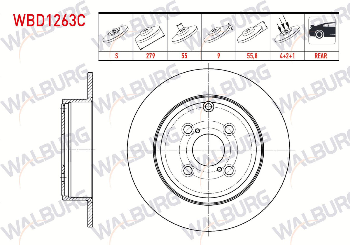 WALBURG WBD1263C Brake Disc Rear Straight Coated 4 Bjn 279X9x55x55 — Brake Rotors & Drums