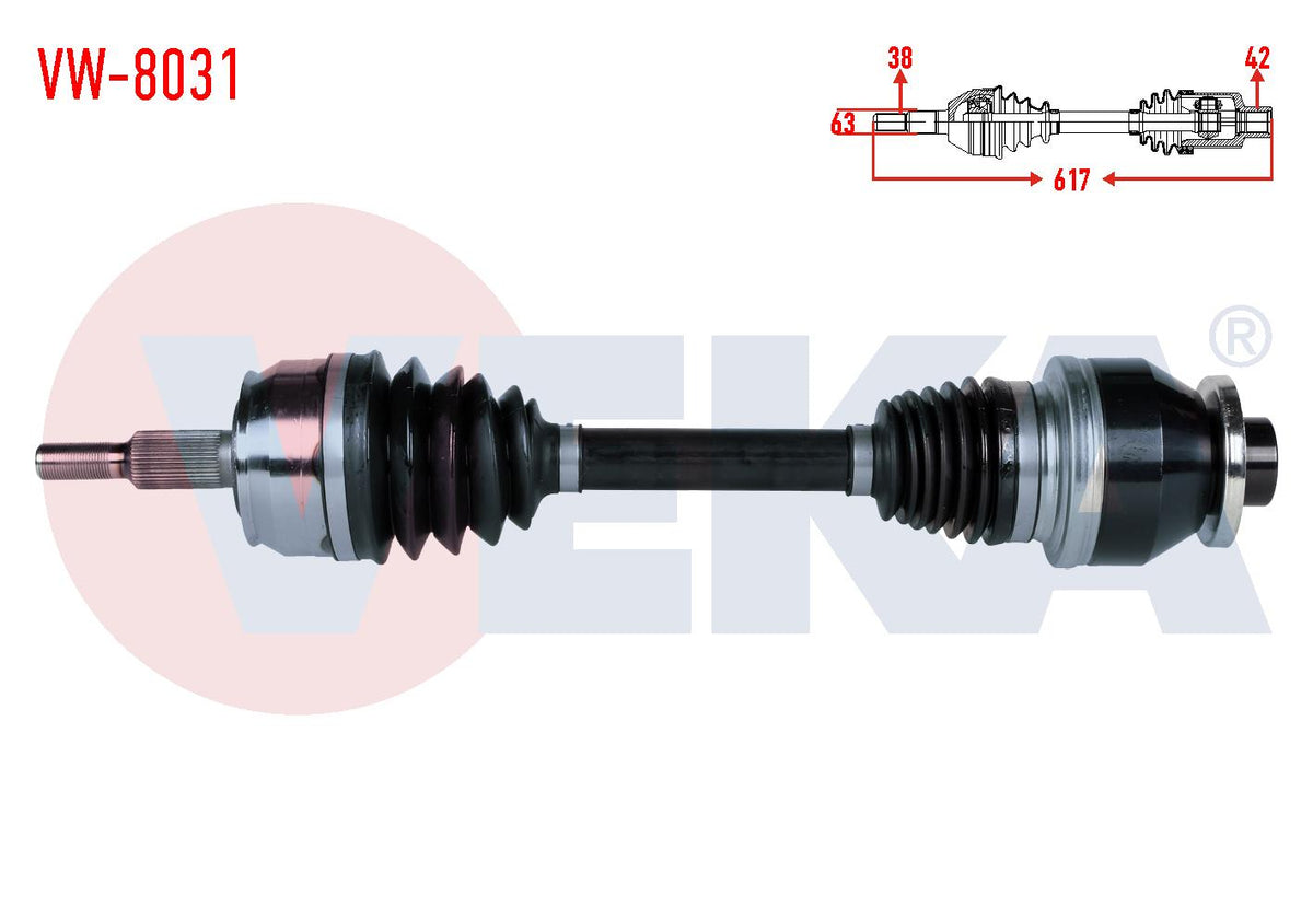 Veka VW-8031 Complete Axle Left Front Length 617mm Volkswagen Transporter T5 2.0 TDI M-T 2009-2015 / Transporter T6 2.0 TDI M-T 2015-2019