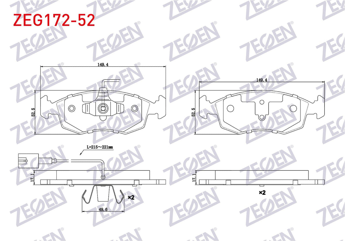 Zegen ZEG172-52 Brake Pad Front with Connector Fiat G.Punto Evo (199) 1.3 Mjt 2008-2012 / G.Punto Evo (199) 1.2i — Brake Pads