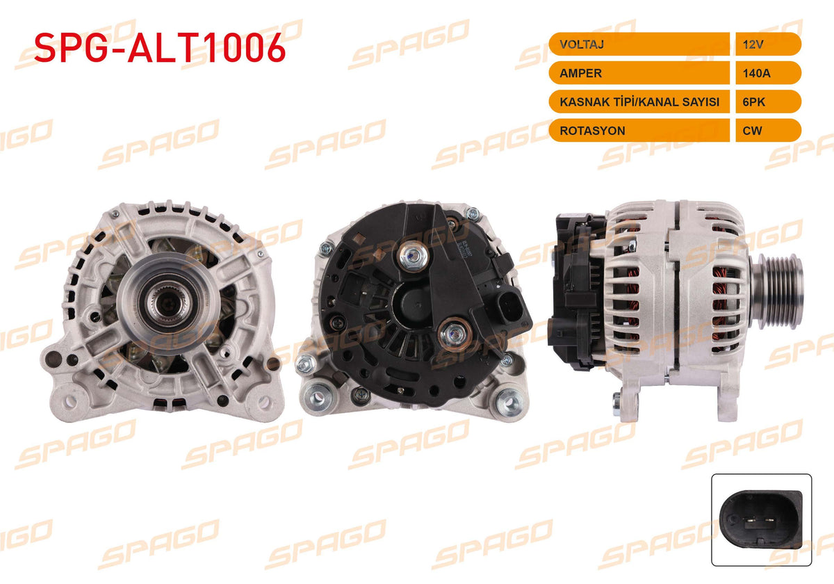 SPAGO SPG-ALT1006 Alternator (B Type) 12V 140A 6Pk Golf VI-Jetta III IV-Caddy III IV / A3 09-15-Q3 11-1 — Starting & Charging