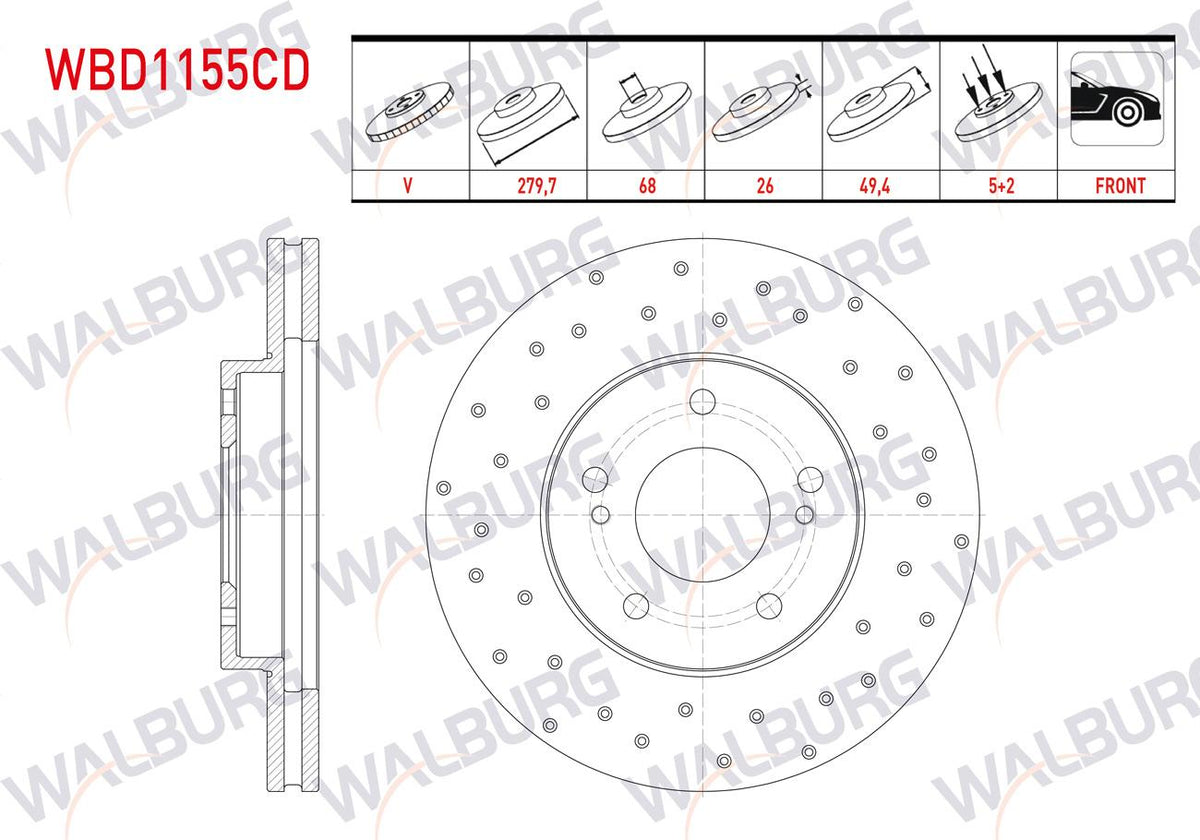 WALBURG WBD1155CD Brake Disc Front Air Coated Performance Drilled 5 Bjn 279,7X26x68x49 — Brake Rotors & Drums