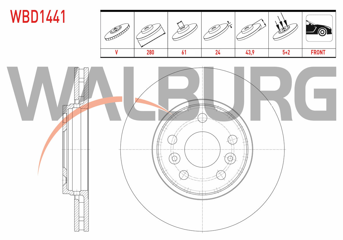 WALBURG WBD1441 Brake Disc Front Air 5 Bjn 279,8X24x61x43 — Brake Rotors & Drums