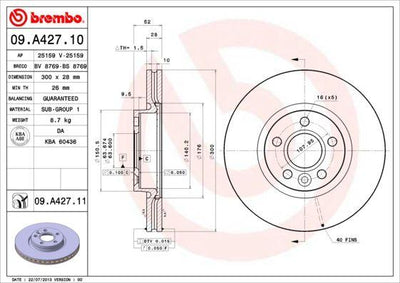 Brembo 09.A427.11 Brake Disc Air Front (300mm) (Ford Mondeo 07 -) (Volvo (S60-S80-V60-V70-Xc70) (07 -) — Brake Rotors & Drums