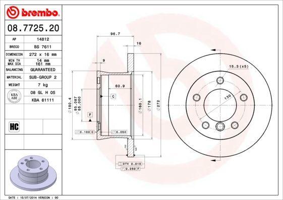 BREMBO 08.7725.20 Disc Brake - 272×16 mm 5×130 — Brake Rotors & Drums