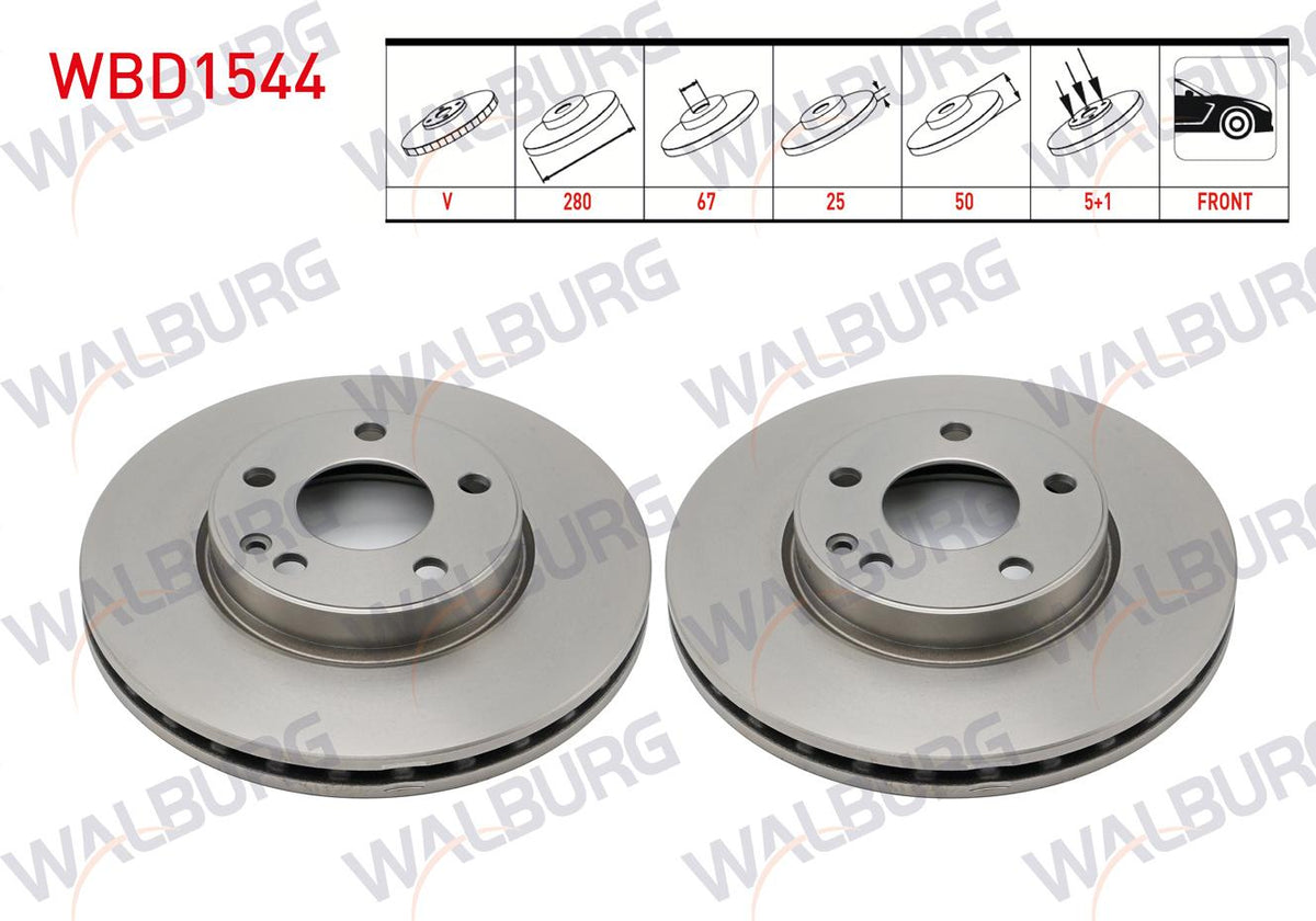 WALBURG WBD1544 Brake Disc Front Air Mercedes A Series (W176) A 160 CDI 5 Bjn 280X25x67x50 2012-| Set — Brake Rotors & Drums