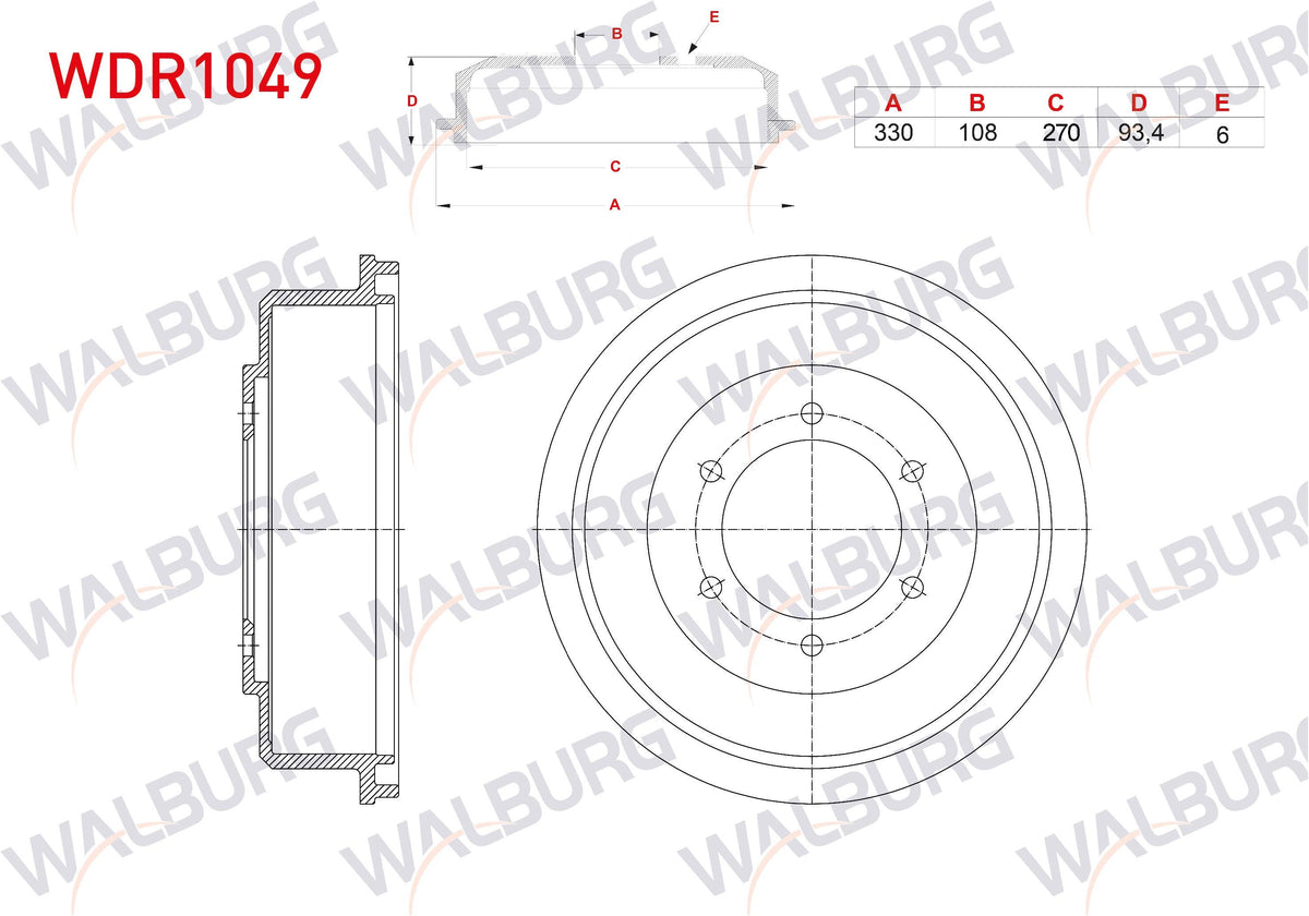 WALBURG WDR1049 Brake Drum Rear 6 Hole 330X108x270x93,4 Mitsubishi L 200 (K7t,K6t) 2.5 TD 1996-2007 — Brake Rotors & Drums