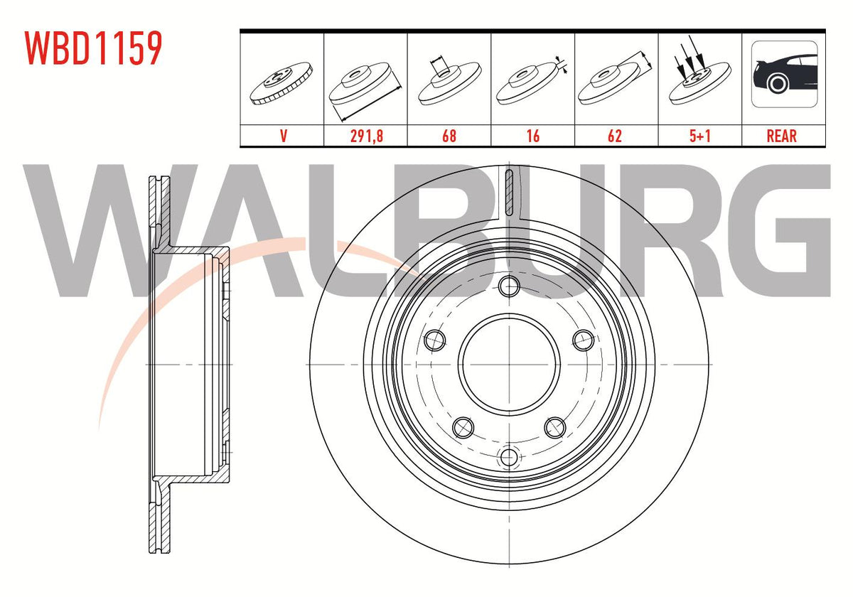 WALBURG WBD1159 Brake Disc Rear Air 5 Bjn 291,8X16x68x62 Nissan X-Trail 2.0i 2007-2013 / X-Trail 2.0 d — Brake Rotors & Drums