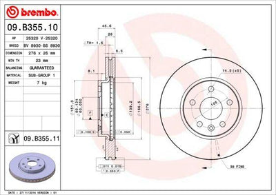 Brembo 09.B355.10 Brake Disc Front Air (276-5)-(Opel Astra J-Chevrolet Aveo 11 / 12 / Cruze 09 / 12 15 — Brake Rotors & Drums