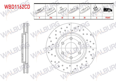 WALBURG WBD1162CD Brake Disc Front Air Coated Performance Drilled 6 Bjn 296X28x68x38 Nissan Navara (D4 — Brake Rotors & Drums