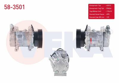 Veka 58-3501 A/C Compressor 6Pk 125mm Dacia Logan 1.4 MPI 2004-2012 / Sandero 1.4 2008-2013 / Renault Kangoo 1.5 dCi 1998-200