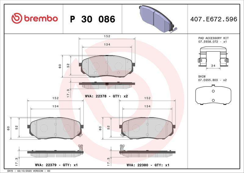 Brembo P30086 Brake Pad Front Kia Sorento 4Wd 2009-/ Sportage 2.0 2.2 CRDi 2015-/