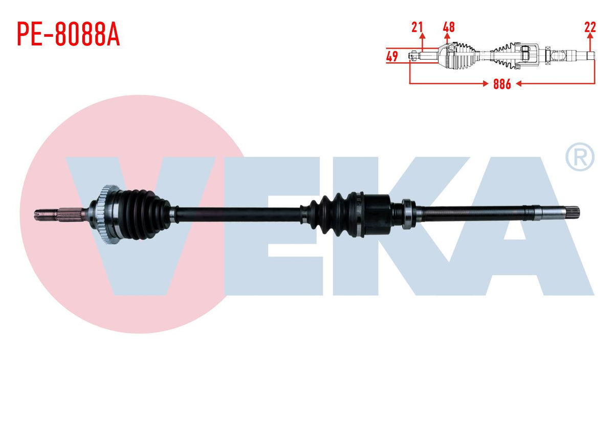 Veka PE-8088A Complete Axle Right Front Peugeot 206 + 1.4 HDi with ABS 48 Outer Length 886 mm 2009 — Axles, CV Joints & Boots