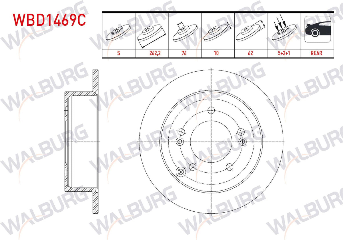 WALBURG WBD1469C Brake Disc Rear Straight Coated 5 Bjn 262,2X10x76x62 Kia Sportage 2.0 CRDi 2004-2010 / Magentis 2.0-2.0 CRDi 2005-/ Hyundai Tucson 2.0 CRDi 2004-2010 / Sonata 2.0 VVTI-2.0 CRD