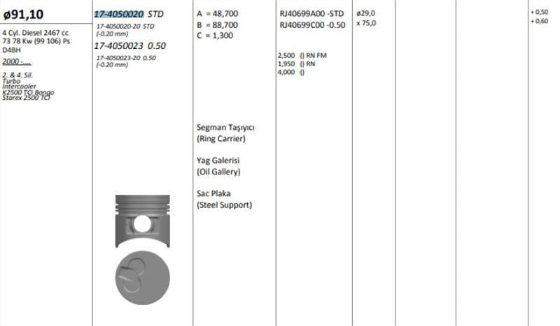 King 17405002320 Piston 91.10 mm (+ 0.50) Kia Bongo Hyundai Starex 2.5 TCi 00-D4bh (2-4 Sıl) (0.20 Short — Pistons & Rotating
