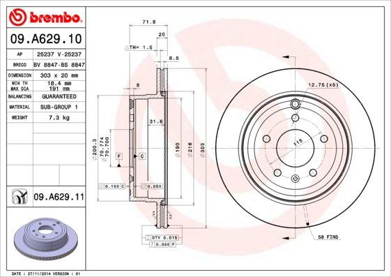 Brembo 09.A629.10 Brake Disc Rear Air (303-5)-(Chevrolet Captiva 07 / 12 / Opel Antara 07 / 12) — Brake Rotors & Drums