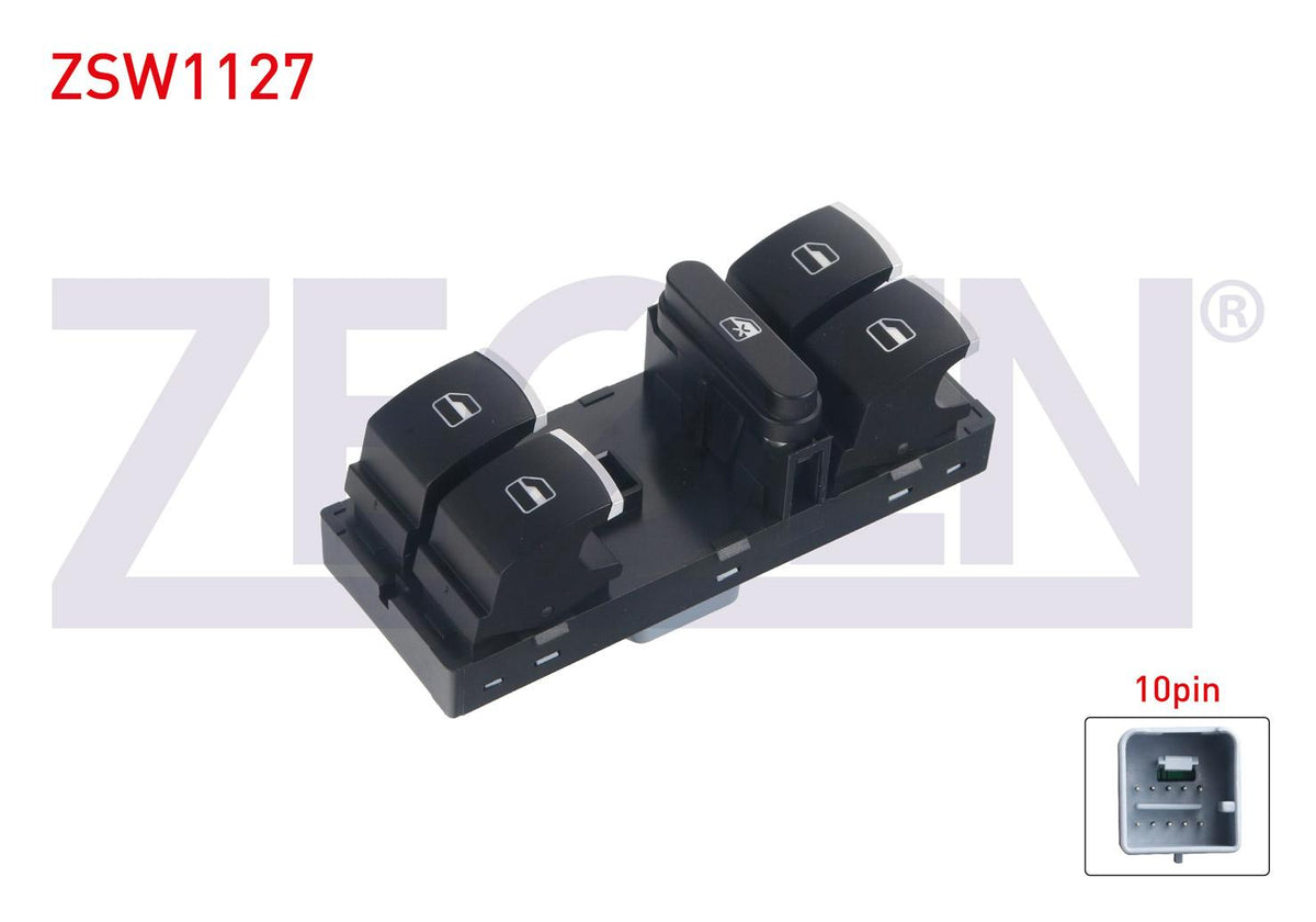 Zegen ZSW1127 Glass Release Switch Group Chrome Red Light 10 Pin Volkswagen Golf VI-Passat-Tiguan-Caddy I — Switches & Relays