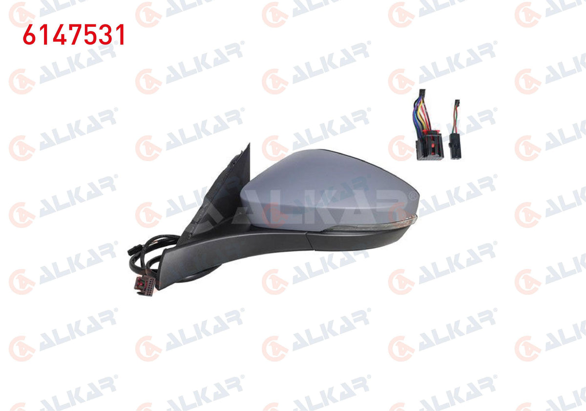 Alkar 6147531 Outer Rear View Mirror Left Electric Aspheric Heated Primed Automatic Folding with — Tail, Signal & Reflectors