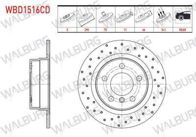 WALBURG WBD1516CD Brake Disc Rear Straight Coated Performance Drilled BMW 1 Series (F20 — Brake Rotors & Drums