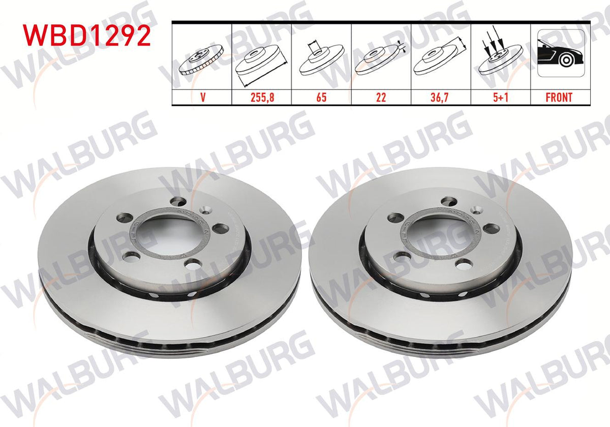 WALBURG WBD1292 Brake Disc Front Air 5 Bjn 255,8X22x65x36 — Brake Rotors & Drums
