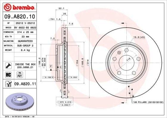 brembo-vw-a4-a5-front-brake-disc, high-performance-brake-disc, internally-ventilated-brake-disc BREMBO 09.A820.11 - VW A4/A5 Front Brake Disc | 314mm Diameter, 25mm Thickness BREMBO VW A4/A5 Front Brake Disc - 314x25mm brembo, vw-a4, vw-a5, brake-disc, front-brake-disc, high-carbon, automotive-parts, car-repair, mechanics, ai-generated