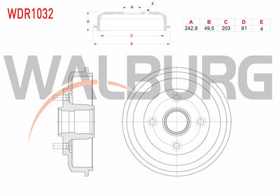 WALBURG WDR1032 Brake Drum Rear 4 Hole 242,8X49,5X203x81 Ford Focus 1.6i 16V-1.6 TDCi-1.8 TDCi 1998-20 — Brake Rotors & Drums